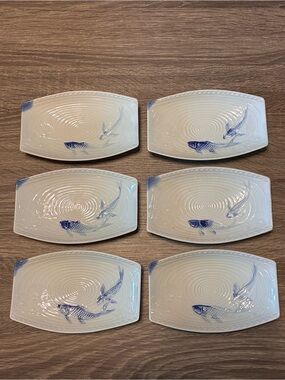 Gumps Porcelain Koi Sushi Snack Rectangle Embossed Plates Set of 6 Vintage Japan